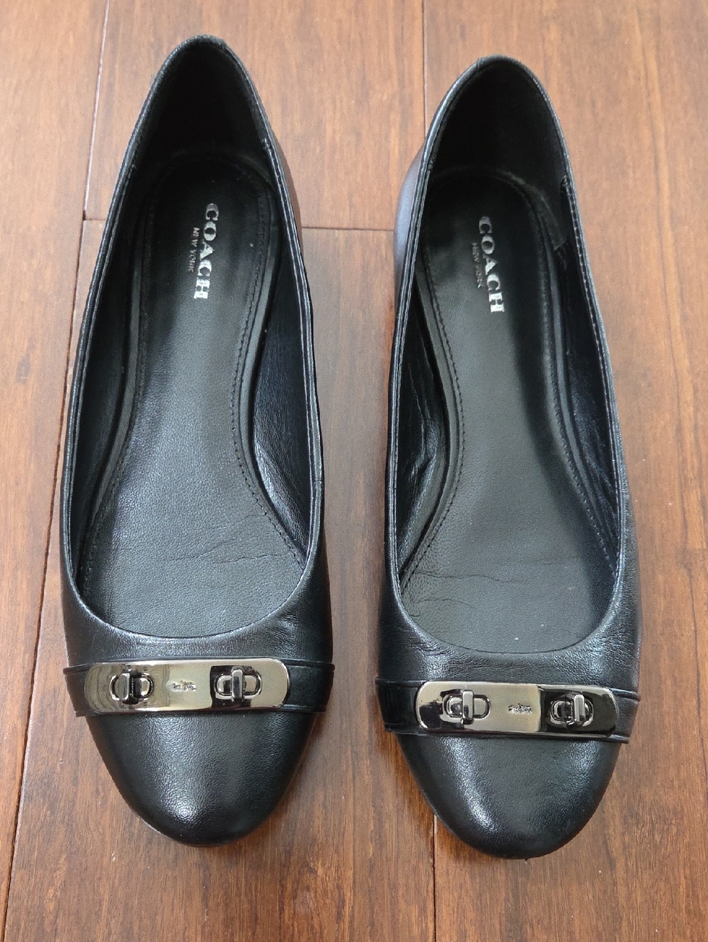 COACH MERILYN LEATHER BLACK WITH GUNMETAL BUCKLE SLIP ON FLATS LOAFERS 7